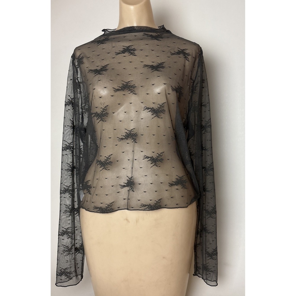 Aerie Gray Sheer Mesh Lace Mock Neck Long Sleeve Top XL Gothic Floral